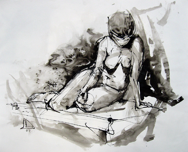    Model at Rest 4749    Ink wash on archival paper  18" x 22"  Archived 