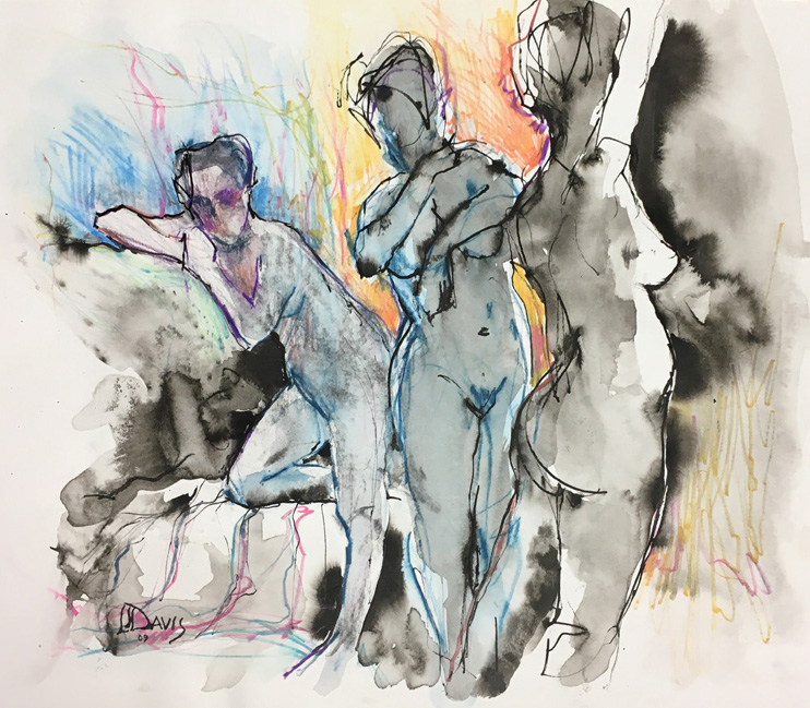    Three Figures     Ink wash on archival paper  14” x 16” &nbsp;  archived 