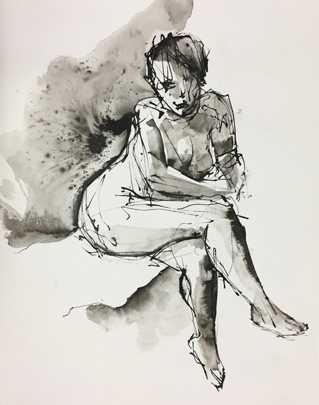    Figure With Legs Crossed    Ink wash on archival paper  14” x 11”   SOLD  