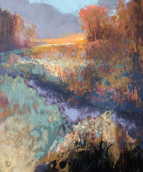    Fox Hollow Sunrise    oil/cold wax on cradled panel  36” x 30” x 1.5”   SOLD  