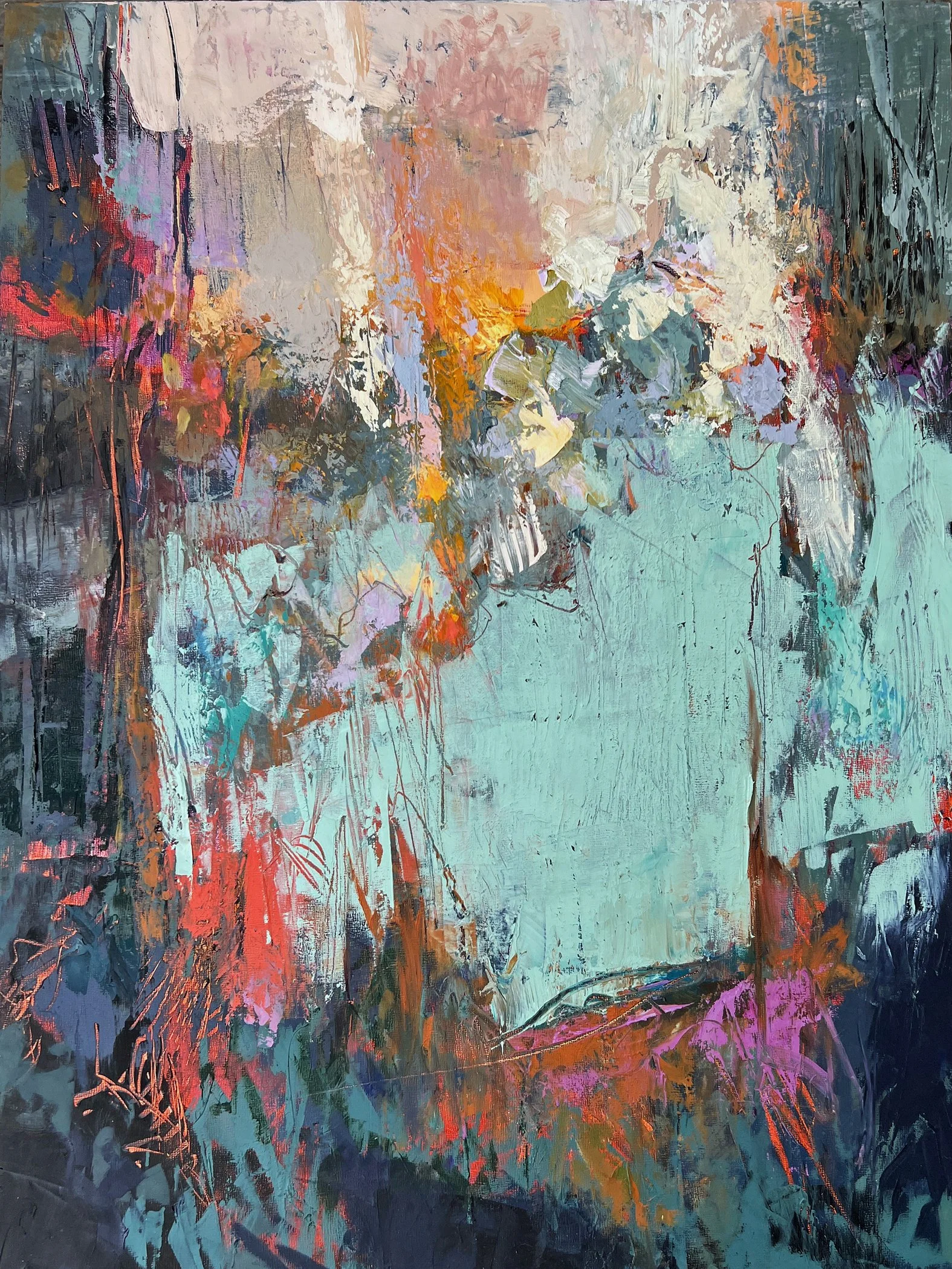    Windowsill View   oil/cold wax on panel 24”x18”x.75”  PRICE: $350  