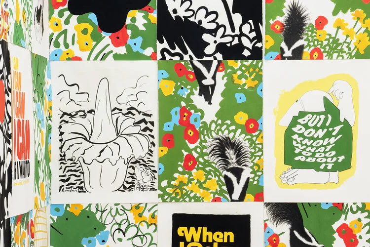 In Skunks and Flowers , Emdur’s skunks are a stand-in for the feminine- sensual, mysterious, and sometimes stinky. Although nocturnal, her skunks slink and shift through a colorful daylight floral that points to the optimistic designs of Vera Neumann, whose scarves, tea sets, tablecloths, bedspreads, and curtains, famously dressed the women and homes of the 1960’s and 70’s. Emdur’s paintings, produced with ink and matte acrylic-based gouache on paper, mix the colorful opaque print style of Vera’s floral patterns with a contrasting intervention of feathery renderings of black and white skunks. The skunks moment of compositional crossing is humorous and emotive as the skunks fur markings reveal a cipher of “V” messaging. Skunks and Flowers depict an olfactory collision between the floral and the sulfur-containing chemicals that skunks spray from their anal scent glands as they demand personal space. In Emdur’s paintings, we find, not the skunks of Bambi or Pepé Le Pew, but rather those that many Angelenos find in their backyards at night. Emdur’s idea of a domestic backyard is a flattened gestural version of a secret garden filled, not just with marks that represent flowers, but with other cycle of life wanderings- hand drawn reproductive diagrams, caricatures of authority figures, self-help texts from the golden age of pop psychology, and chapter titles appropriated from a book that helps children cope with death. For more information please contact odd.ark.la@gmail.com Gallery Hours: Friday 11am-6pm, Saturday and Sunday 11am-5pm *and by appointment