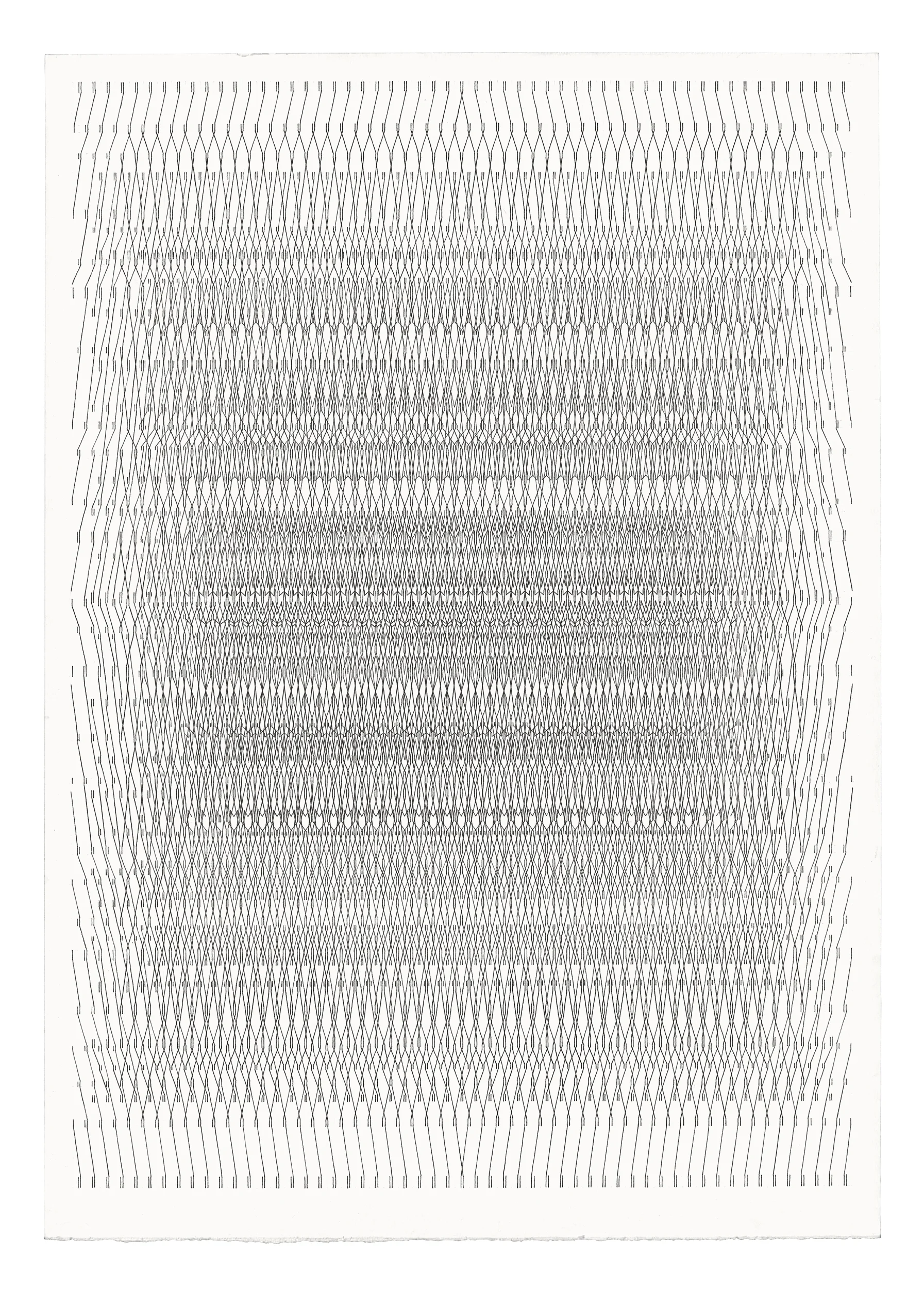ODD ARK•LA is pleased to announce The Symmetry of Separation, a solo exhibition by Los Angeles-based artist Brian Randolph. In each of these recent ink on paper works, Randolph has used a restrained drawing vocabulary of vertical and diagonal lines to create a complex symmetrical field configuration. Interconnected patterns in rows like lines of abstract multi-dimensional text emerge from the center of a highly ordered nest, blurred towards the edge by a visual delay. With titles like Pulse Scroll and Breathing Page the drawings visualize a kind of illuminated manuscript floating in hyperspace. A swarm of component parts hanging together in a fragile balance, evoking the bioelectric field of the body, the vibrating superstrings of theoretical physics, and the emerging and dissolving patterns of light seen in altered states of consciousness. Randolph’s works are resonant with the time spent making them and the patient cultivation of a precise image drawn by hand. Imperfections in the line, slight compressions of the grid, traces of erased graphite and the handling of the paper remain as an index of a diligent process. Brian Randolph received a BFA from the Maryland Institute College of Art in 2001. His work has appeared in solo exhibitions at Gallery Four and School 33 in Baltimore. In 2017, Randolph was included in Parallel Cities at Ms. Barber's, and Set The Table at BBQ LA, both in Los Angeles. Other group exhibitions include Tillou Fine Art and Spring Break Art Show, New York, LAVA Projects, Steve Turner Gallery, and La Cienega Projects, Los Angeles, and Zic Zerp in Rotterdam. For more information please contact odd.ark.la@gmail.com