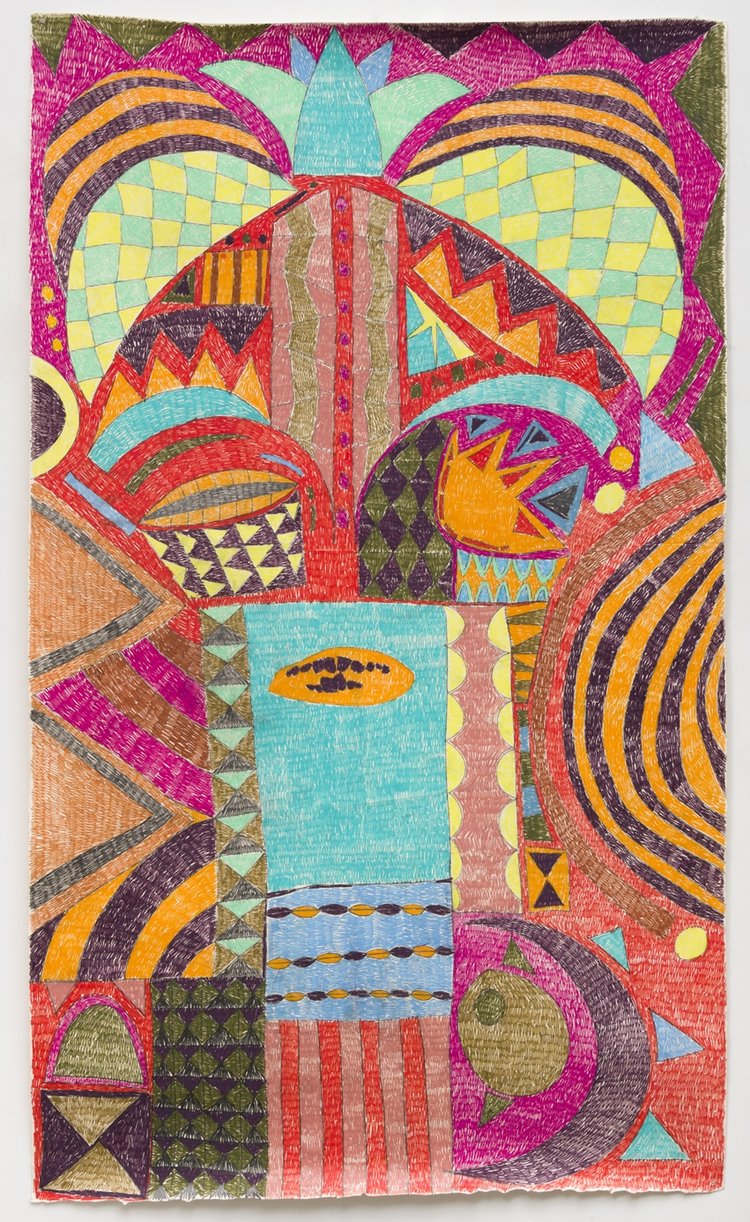 Carcosa, 2018 Graphite and color pencil on paper, 83.5” x 49” Photo: Jeff McLane Odd Ark • LA is pleased to present Between Planets, an exhibition of new drawings by Adam D. Miller. The show will open January 12 and remain on view through February 24, 2019. An opening reception will take place on Saturday, January 12, from 4:00 to 8:00pm The exhibition focuses on 4 large-scale vibrant and multi-colored drawings arranged on one wall of the gallery. Drawn with colored pencil on paper, Miller’s works are the result of repetitive and deliberate mark-making similar to chisel marks on carved stone. The results are a combination of patterns and geometric shapes that are tightly organized to compose a quilt-like matrix whose sectional elements comprise a whole. As the patterns expand and contract simultaneously pulling the viewer inward and outward, large shapeshifting faces emerge and like the ancient carvings on Easter Island, they reveal little. In the works of Miller, there is a sense that these forms are archetypal, permeating through the strata of time, from our ancestors hallucinations and pareidolia, to the distortions of our own image reflected in the black mirror of our current tech-gnosis. Through art and archetypes, knowing one’s self charts a path to finding the ‘Others’. A limited edition artist book has been produced to coincide with Between Planets featuring full color reproductions of the works in the exhibition with text by Benjamin Weissman, and an excerpt from a short story by Robert E. Howard. Adam D. Miller (b. 1982, Bellevue, Washington) lives and works in Los Angeles. He received his Master of Fine Arts from Art Center College of Design, Pasadena, CA in 2008 and a Bachelor of Arts from The California State University of Sacramento in 2005. His work has been exhibited in group exhibitions in Los Angeles, New York, Arkansas, Texas and Japan. Miller has had solo shows at Steve Turner Contemporary Gallery in Los Angeles and Rocksbox Contemporary in Portland, Oregon, amongst others. Gallery Hours: Friday 2pm-6pm, Saturday and Sunday 12am-5pm *Also by appointment For inquiries, please contact: odd.ark.la@gmail.com