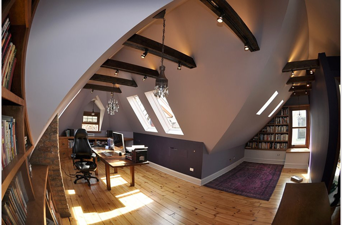 writer's attic studio, home office, skylights, built-in shelving, modernized Victorian home, single-family residential
