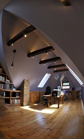 writer's attic studio, home office, skylights, built-in shelving, modernized Victorian home, single-family residential