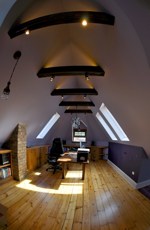 writer's attic studio, home office, skylights, built-in shelving, modernized Victorian home, single-family residential