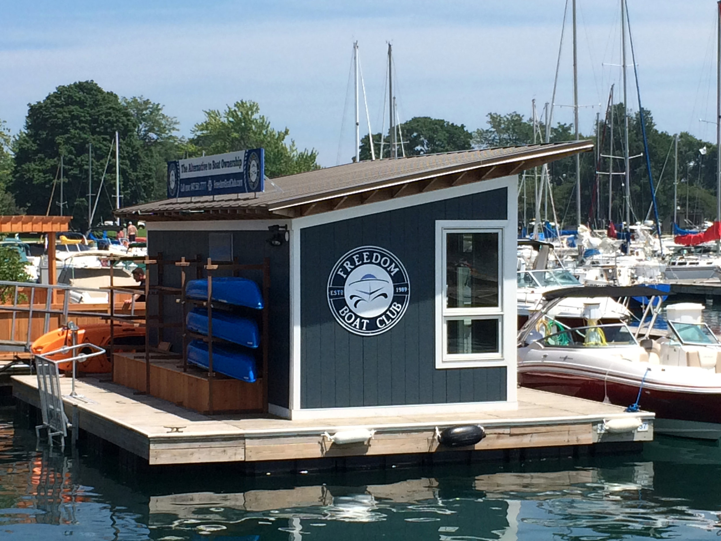 custom new construction, commercial design, floating office, houseboat, storage, Freedom Boat Club