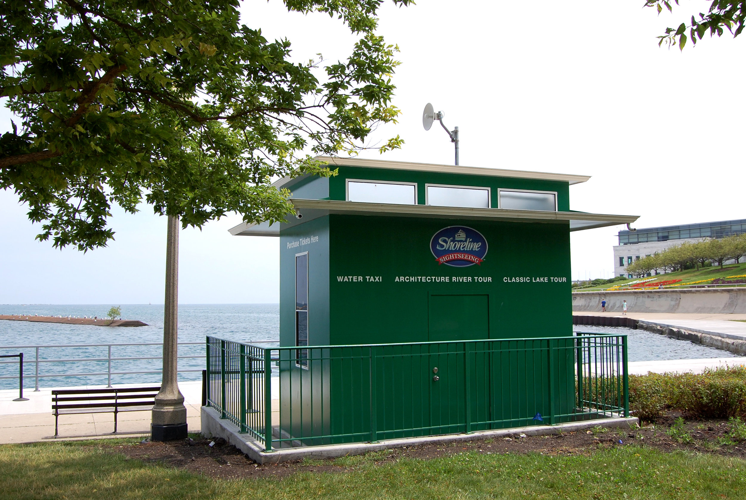 custom new construction commercial design ticket booth all-metal construction contextual design museum campus park structure architectural boat tour Lake Michigan waterfront lakefront water taxi