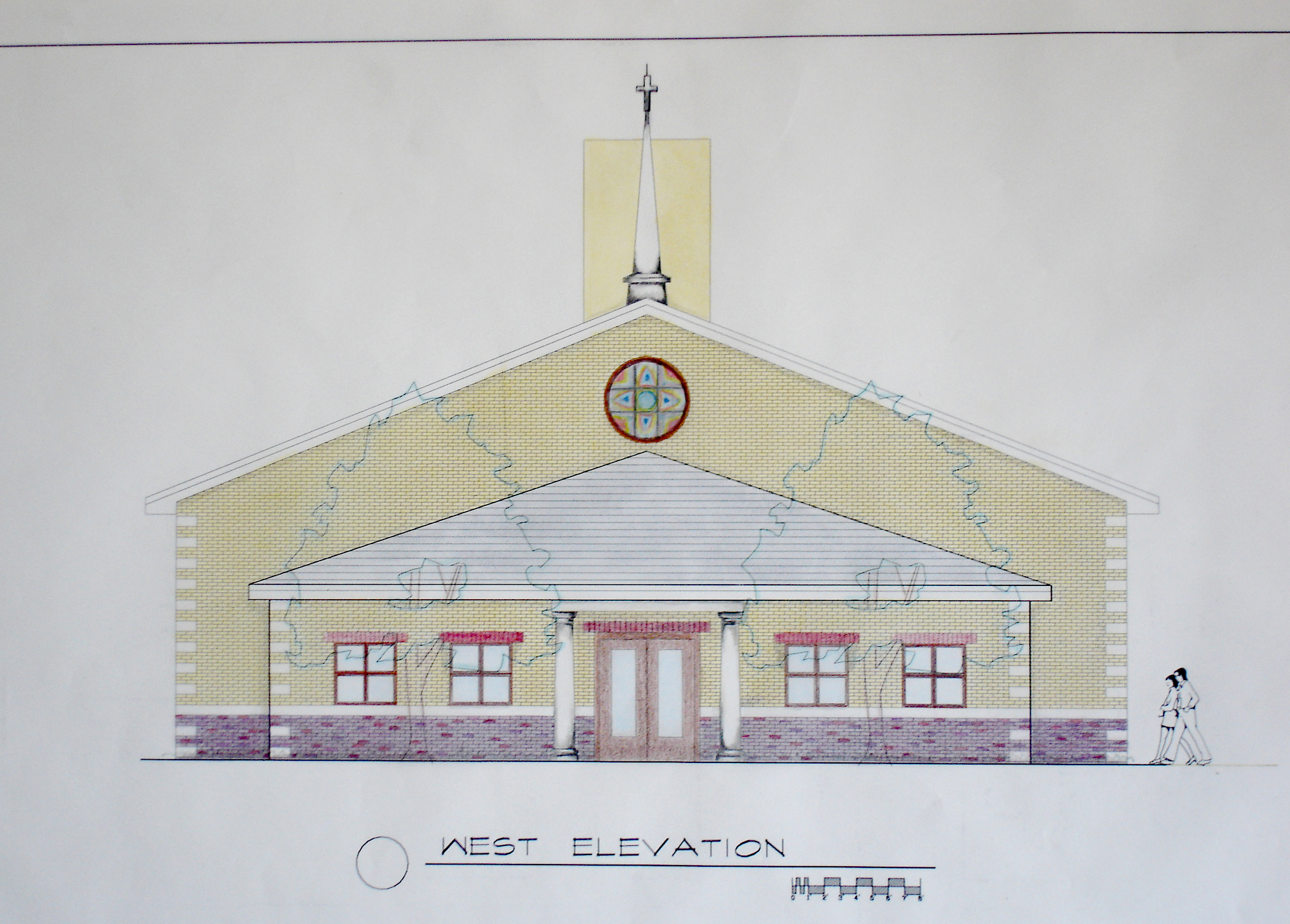 custom new construction, institutional design, church building, small congregation, architectural drawing, front elevation rendering