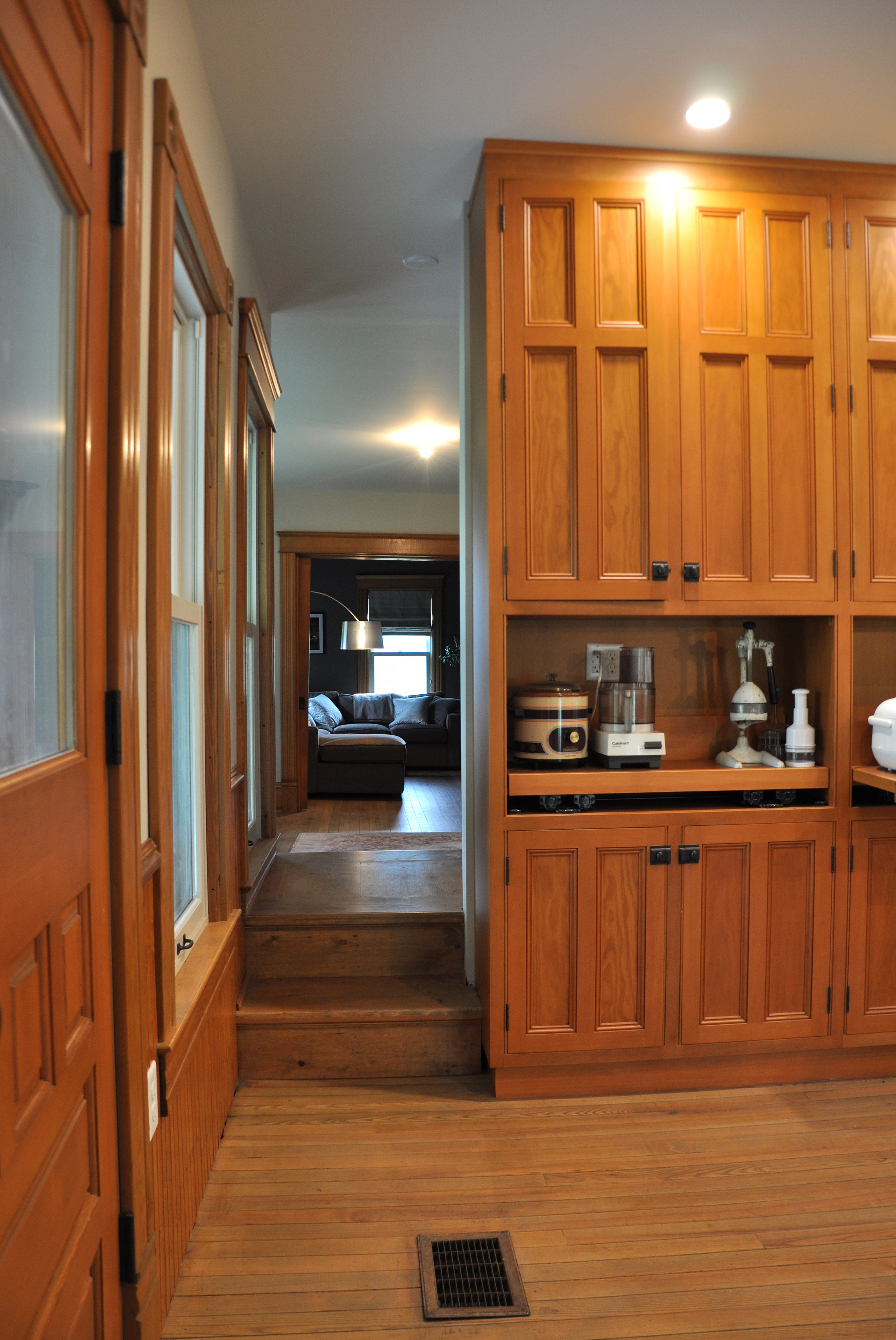 modernized rural farmhouse, residential renovation, open plan, new kitchen, new interior finishes, kitchen storage, interior stairs