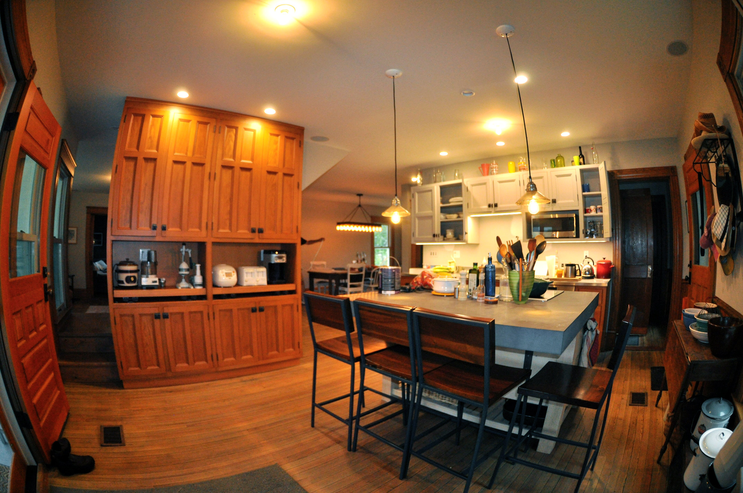 modernized rural farmhouse, residential renovation, open plan, new kitchen, new interior finishes, kitchen island
