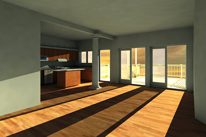 single-family residential addition and renovation, compact design, Google SketchUp Pro, 3D rendering, 3D model, interior, living dining kitchen, french doors, kitchen island