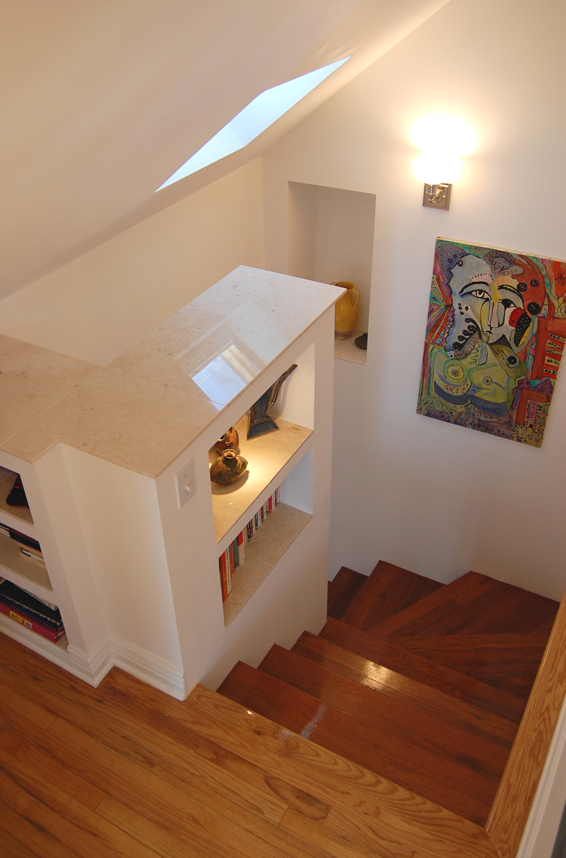 custom gut renovation single-family late-ninteenth-century coach house residential home, interior, skylight, stairway, built-in shelves, hardwood floors