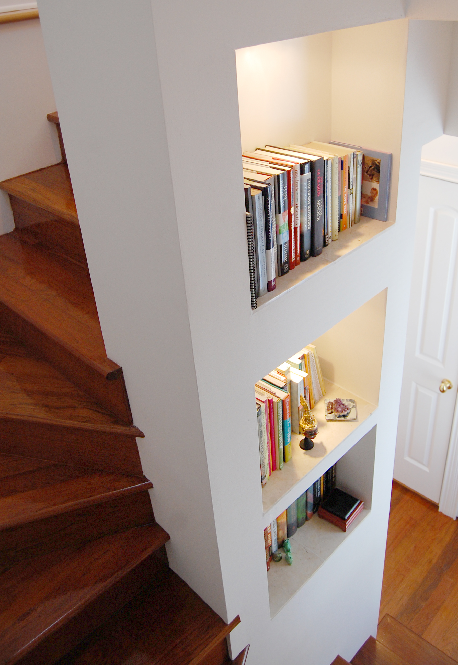 custom gut renovation single-family late-ninteenth-century coach house residential home, interior, skylight, stairs, built-in shelves, hardwood floors