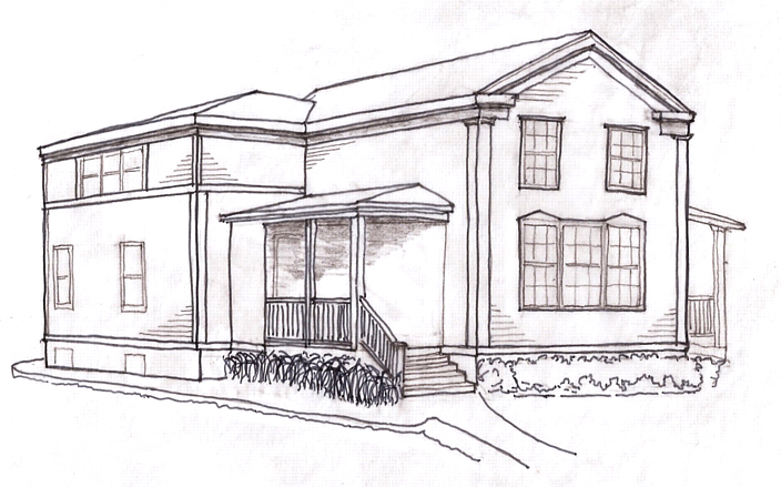 1850s federal-style house, historic preservation, historic landmark, residential renovation, contextual design, elevation, architectural rendering, perspective drawing