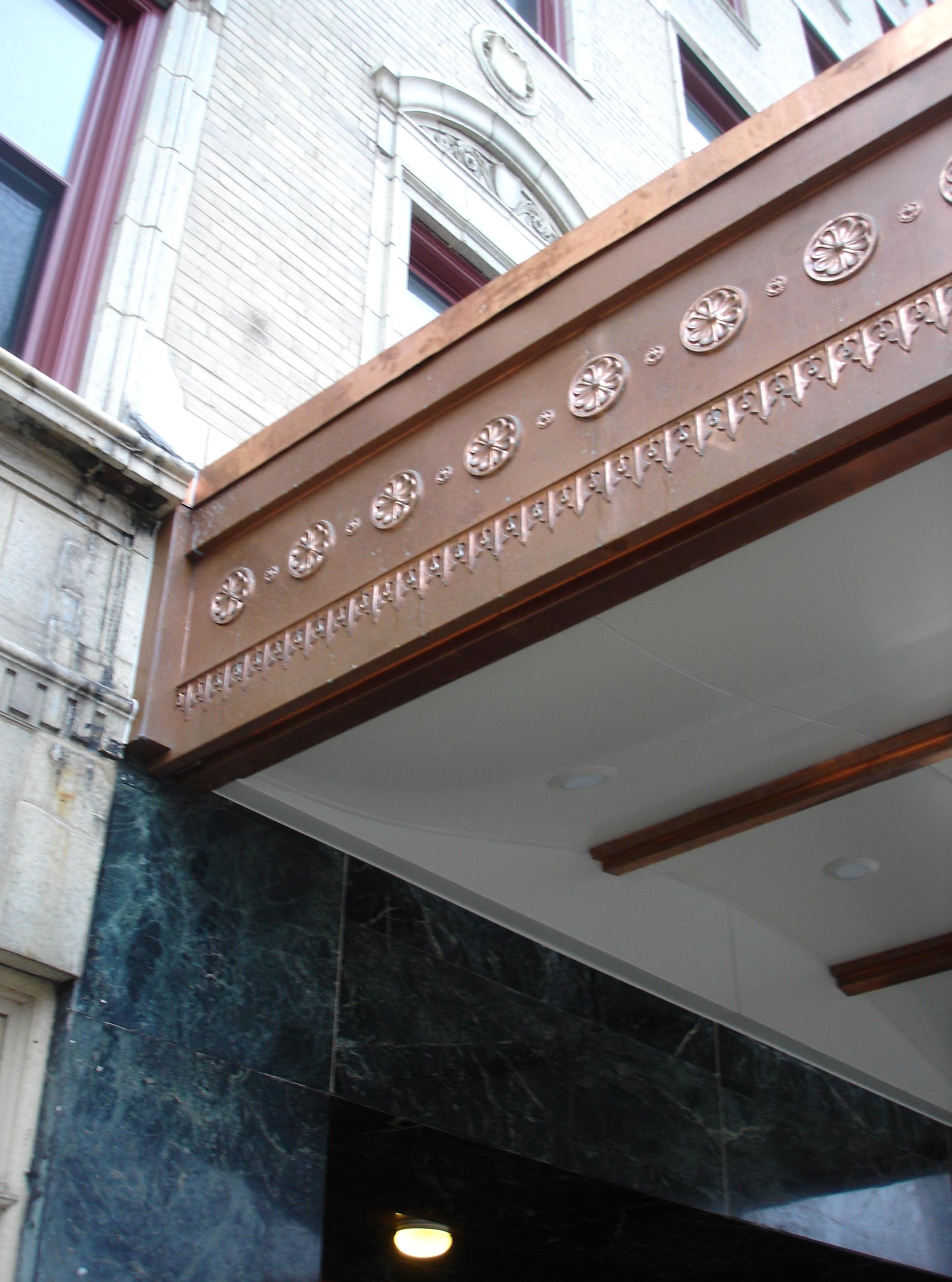 custom renovation, commercial design, redesign historic building entrance canopy, copper, historic restoration