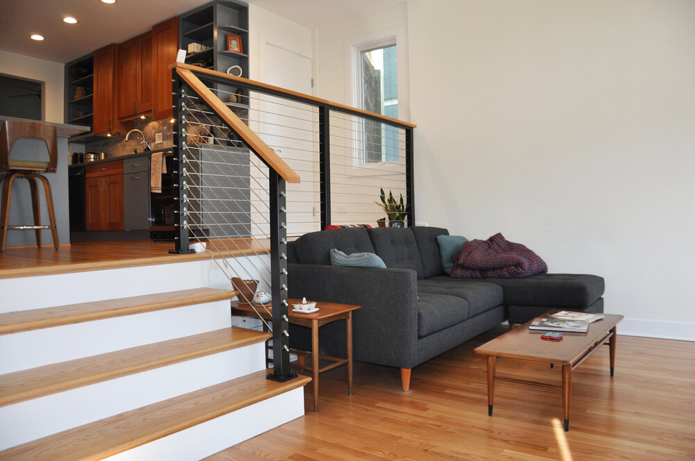 New family room and stairs to kitchen