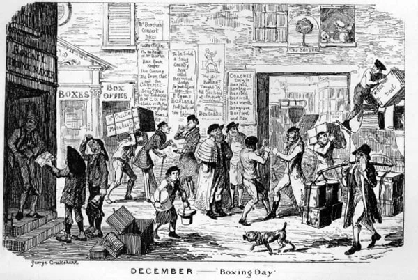 Early depiction of townsfolk packing charitable boxes for boxing day