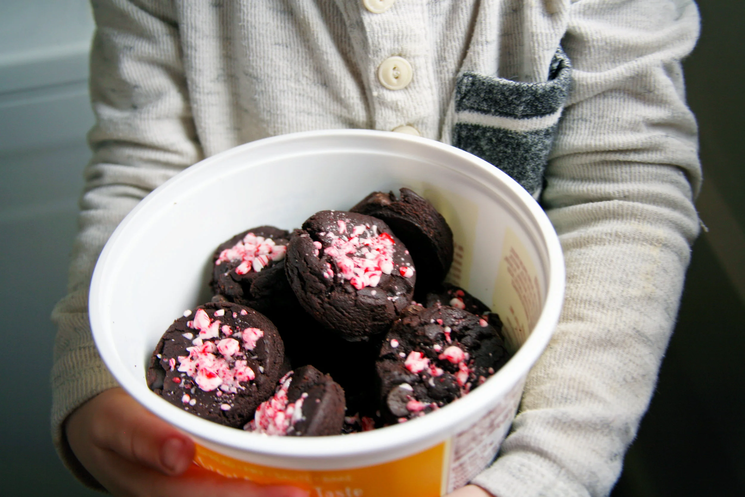 Jonas holding the vegan chocolate peppermint cookies we made.