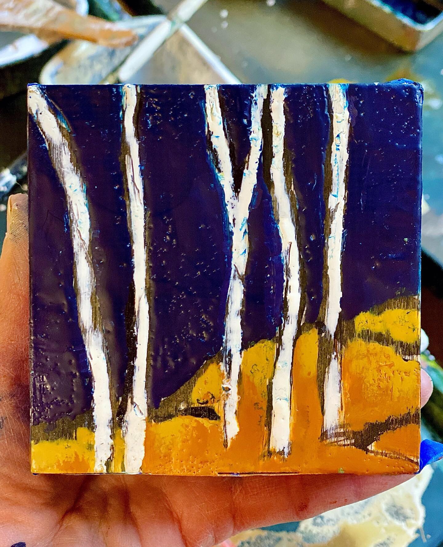 finishing up this little 4x4&rdquo; encaustic just in time for this weekend&rsquo;s South End Open Studios. 
So much great art to see in various locations throughout the neighborhood.  Check out @useaboston for all the details :)