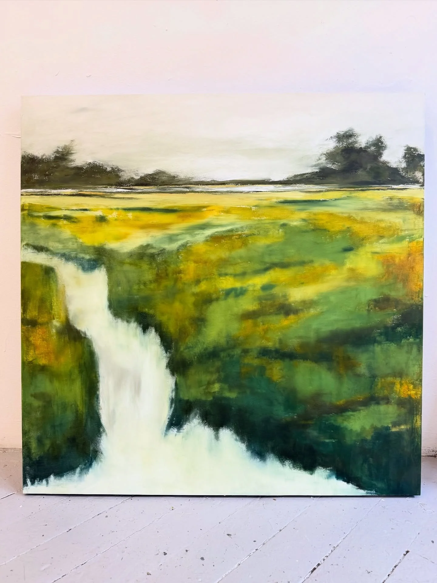 Another 30x30&rdquo; in progress. 
I almost always do my marshes with encaustic paint but for this one I gave oil and cold wax a try and I&rsquo;m liking the effect &hellip; it looks like the picture is blurry, but it&rsquo;s just the way the paint w