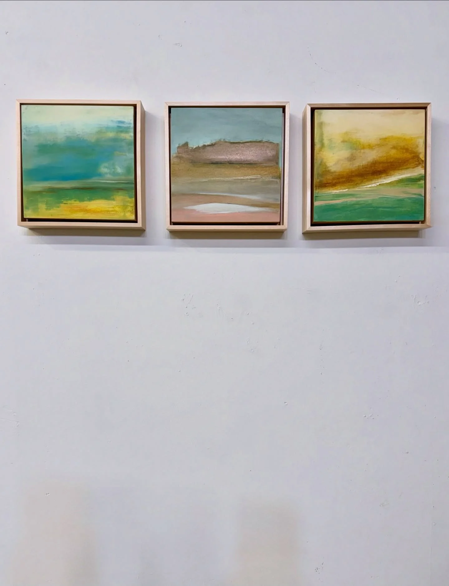 Because I paint on cradled wood panels, there&rsquo;s really no need to frame my work. But some people choose floater frames that work quite well with certain pieces.
These aren&rsquo;t securely attached, but I&rsquo;ve displayed them to show folks h