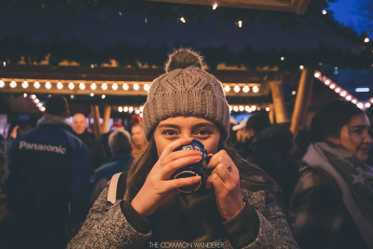 Enjoying gluhwein at Hamburg Christmas market