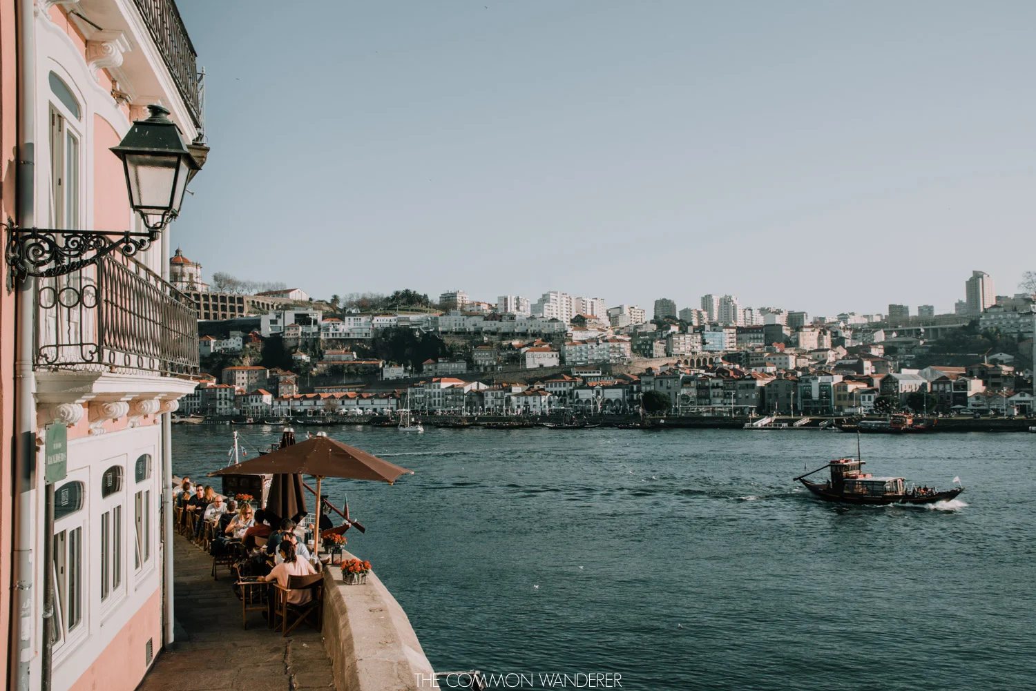 A view of boats on the Douro river and Porto's Ribeira district 