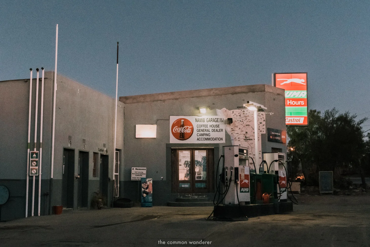 A petrol station at dusk in Aus, Namibia
