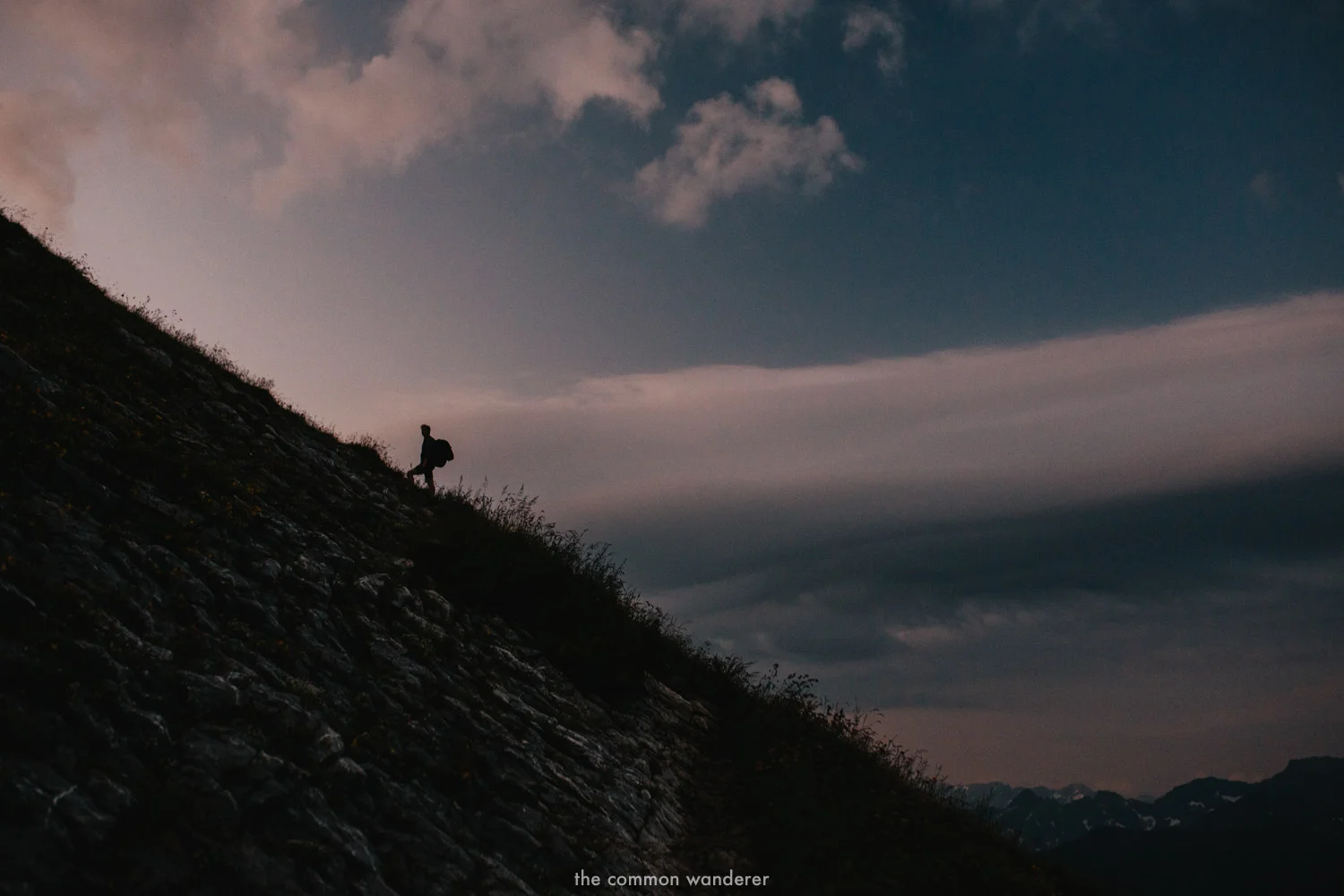 HIking up Kanisfluh mountain in the early morning, Vorarlberg, Austria