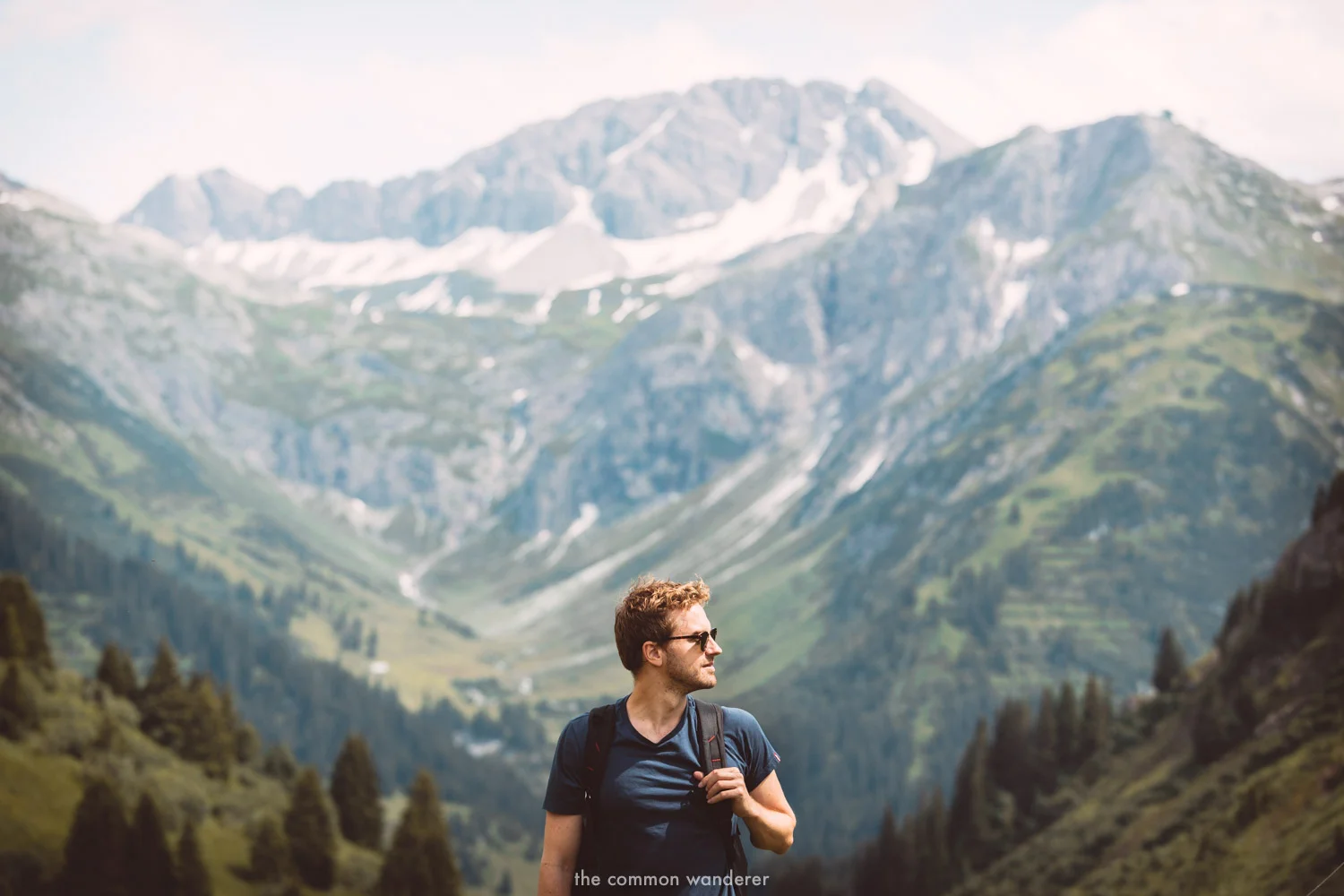 Mark hiking through the alpine ranges, Vorarlberg, Austria