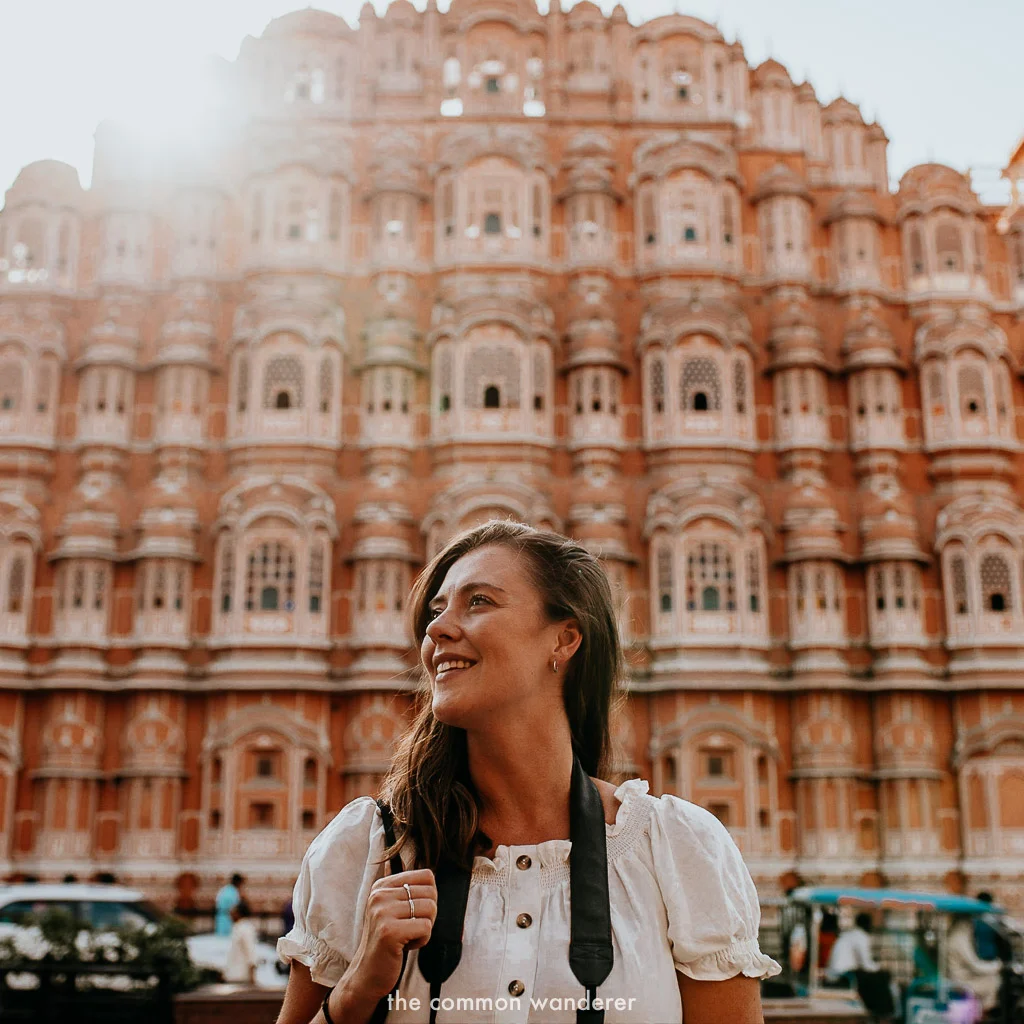 standing in front of Hawa Mahal, the palace of the winds, Jaipur