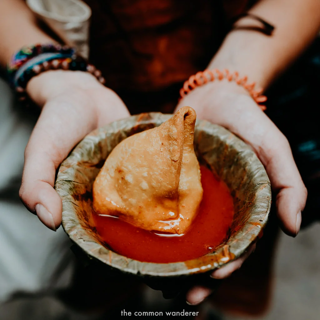 a freshly made samosa on our Kathmandu street food tour, Nepal