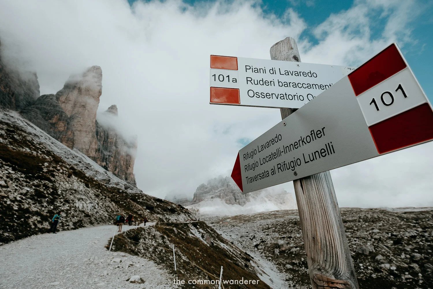 Hiking signs on the Tre Cime di Lavaredo hike, Dolomites, Italy