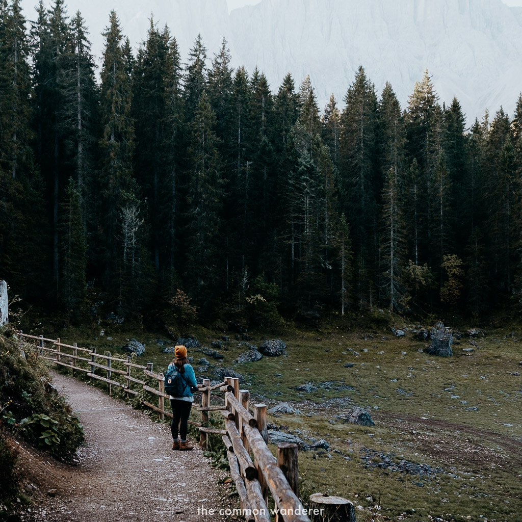 admiring the views while hiking around lago di Carezza