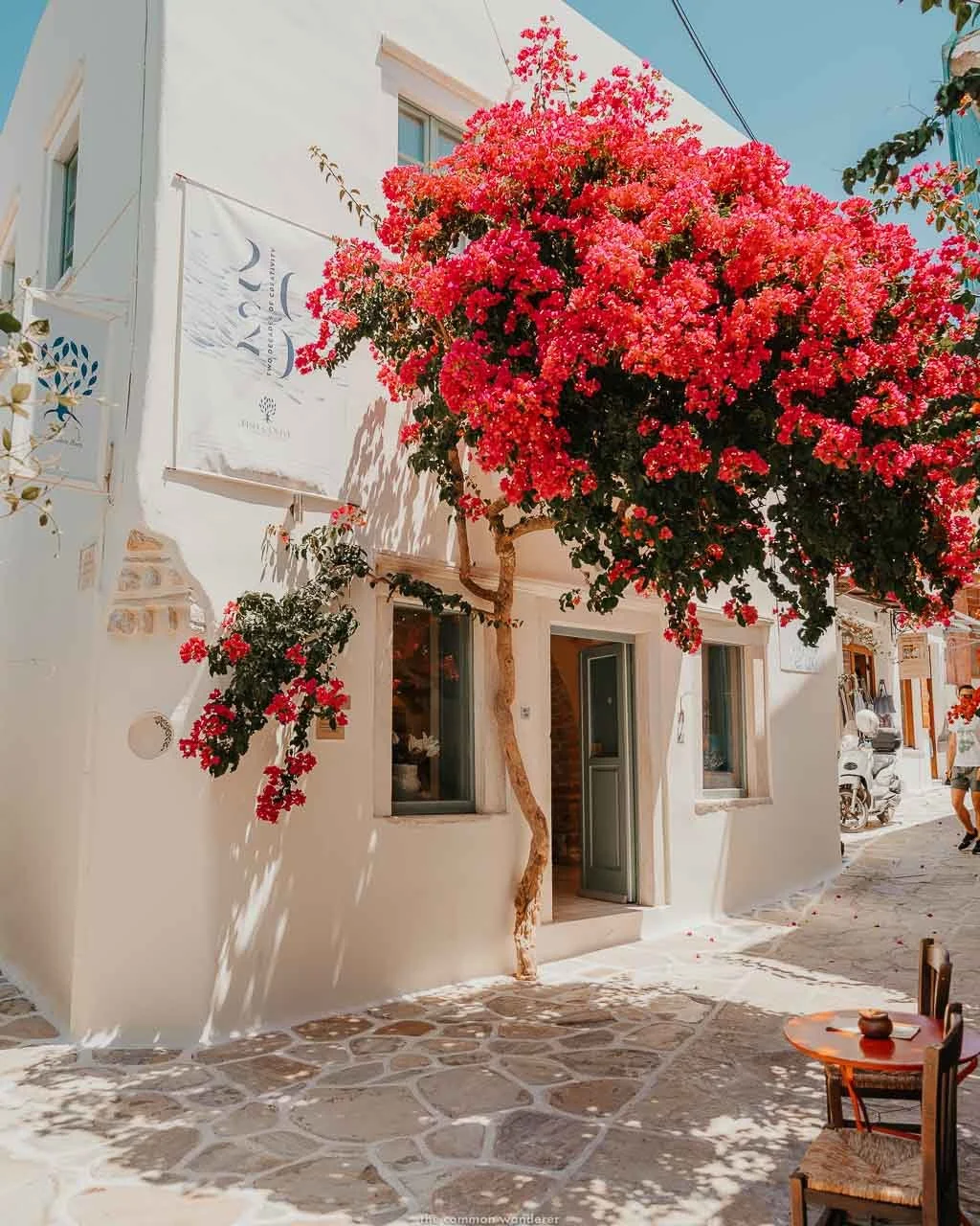 A bougainvillea covered square in Halki, Naxos
