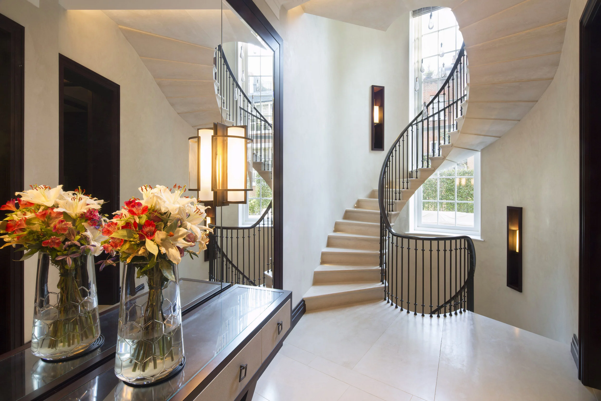 Staircase floating across the window opening