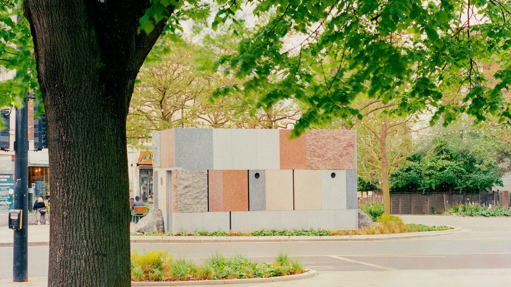 Studio Weave created the public toilet block using stone salvaged from a demolished office building.