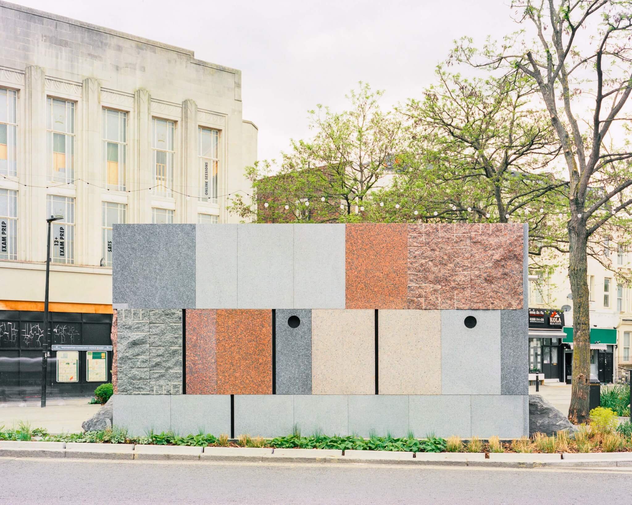 Studio Weave reuses stone from a London office building to clad a public toilet