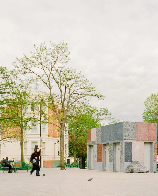Material that once formed the cladding of a corporate headquarters has been recut and assembled 