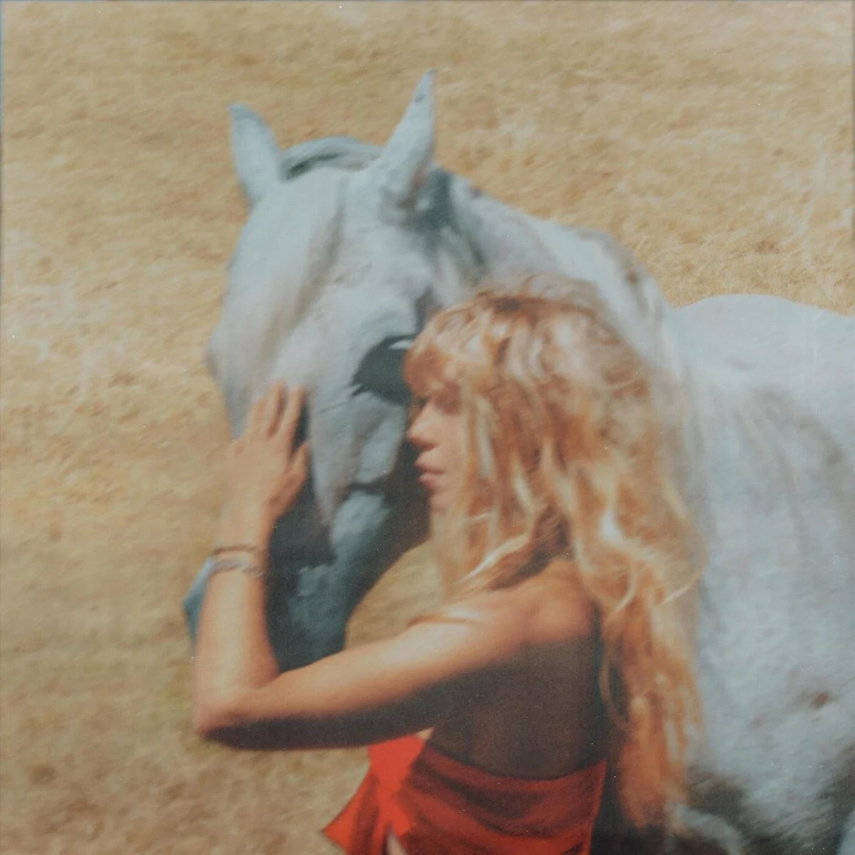 A woman with long blonde hair lying on the ground with a light-colored horse, touching its face gently.