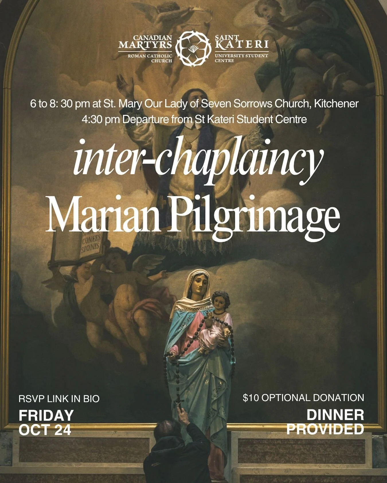 Please join this Friday, October 24 for our Inter-Chaplaincy Marian Pilgrimage with @stjeromesuni, @uoguelphcatholic, and @jp2sc. We will be gathering to pray together and learn more about Our Lady of Sorrows. 

Dinner will be provided. We will be wa