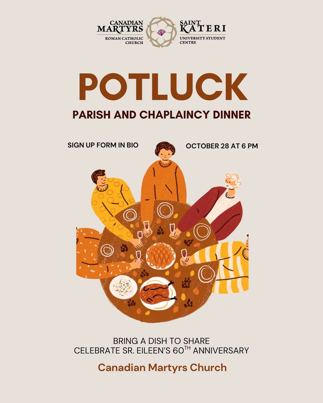 Dinner next Tuesday will be a community potluck with students and members of the parish. We will be celebrating Sr Eileen&rsquo;s 60th anniversary of being a religious sister. 

Please use the form in our bio to share which food item you&rsquo;re bri