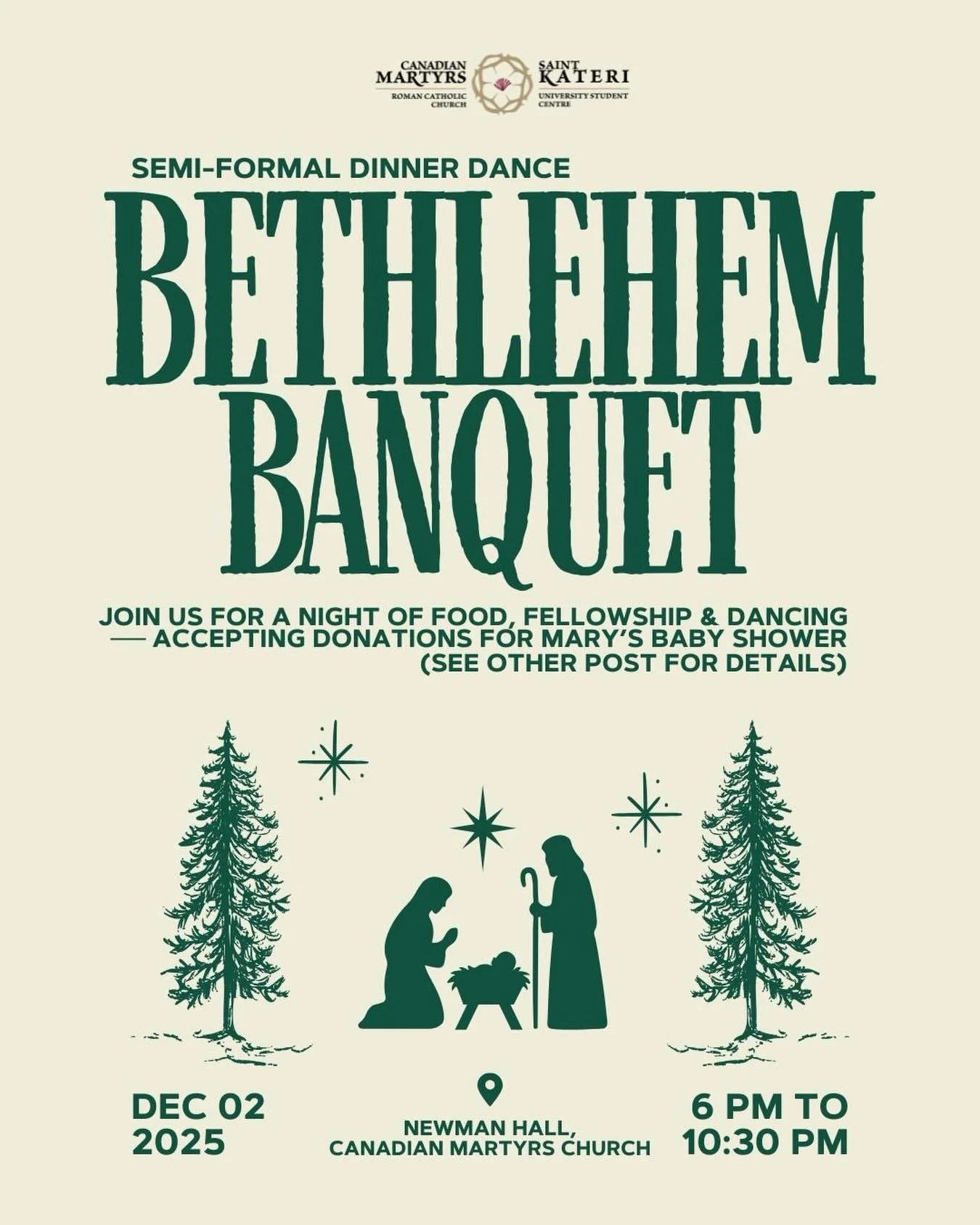 I know you&rsquo;ve been waiting all semester for this.

Our &lsquo;Bethlehem Banquet&rsquo; is happening on Tuesday, December 2 at 6 pm. This marks the end of our student dinners for the fall semester. Also, please don&rsquo;t forget to join us for 