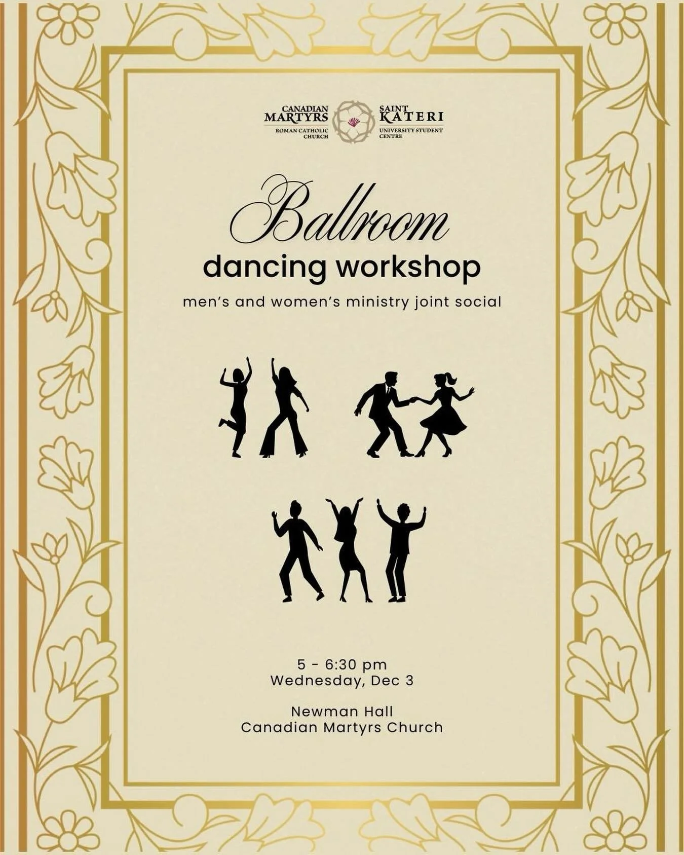 Join us after our Bethlehem Banquet for our joint Men&rsquo;s and Women&rsquo;s Ministry Social: A Ballroom Dancing Workshop. This is your chance to learn some basic moves so you can dance like a pro. 

Comfortable shoes and clothes recommended. No e