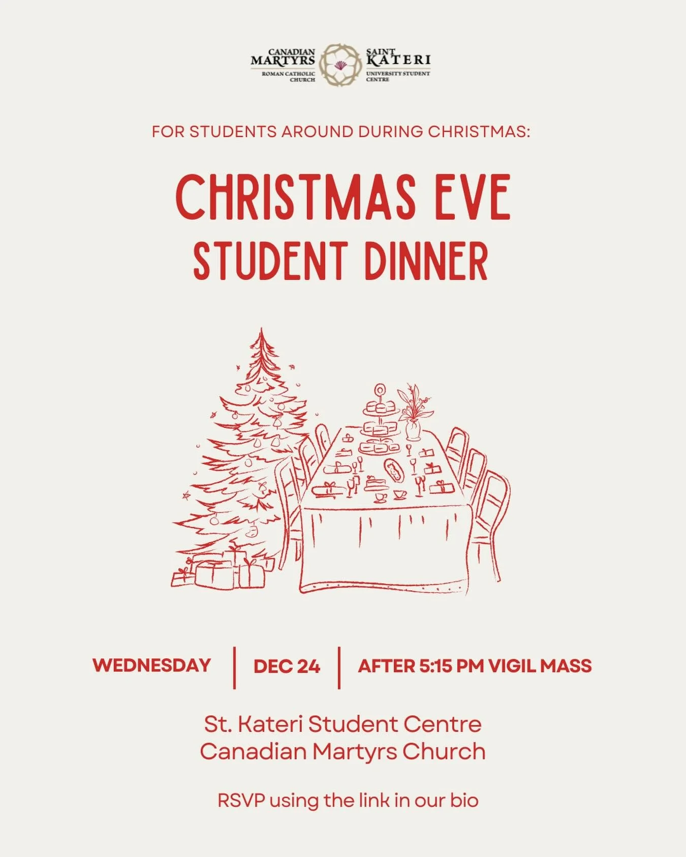 For students who will be around during Christmas, please join us for Christmas Eve Dinner! Please note you don&rsquo;t have to bring food to attend.