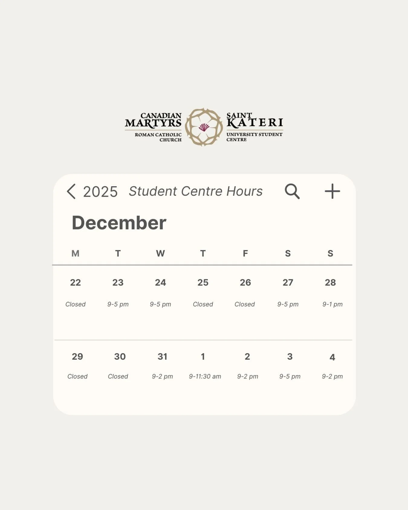 Here are the St. Kateri Student Centre hours for the Christmas break. Please note you need an access card for the Student Centre.