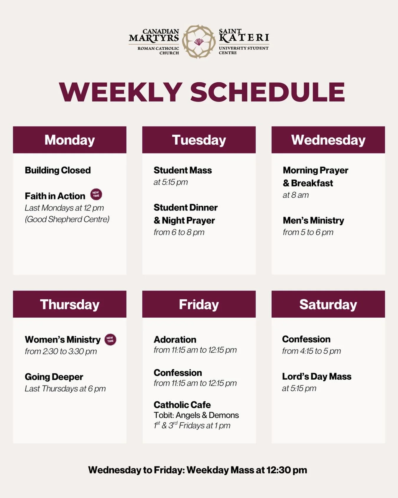 Here is the UPDATED schedule for the Winter 2026 semester. Please see the updated times for Faith in Action. Women&rsquo;s Ministry and Saturday Confession.