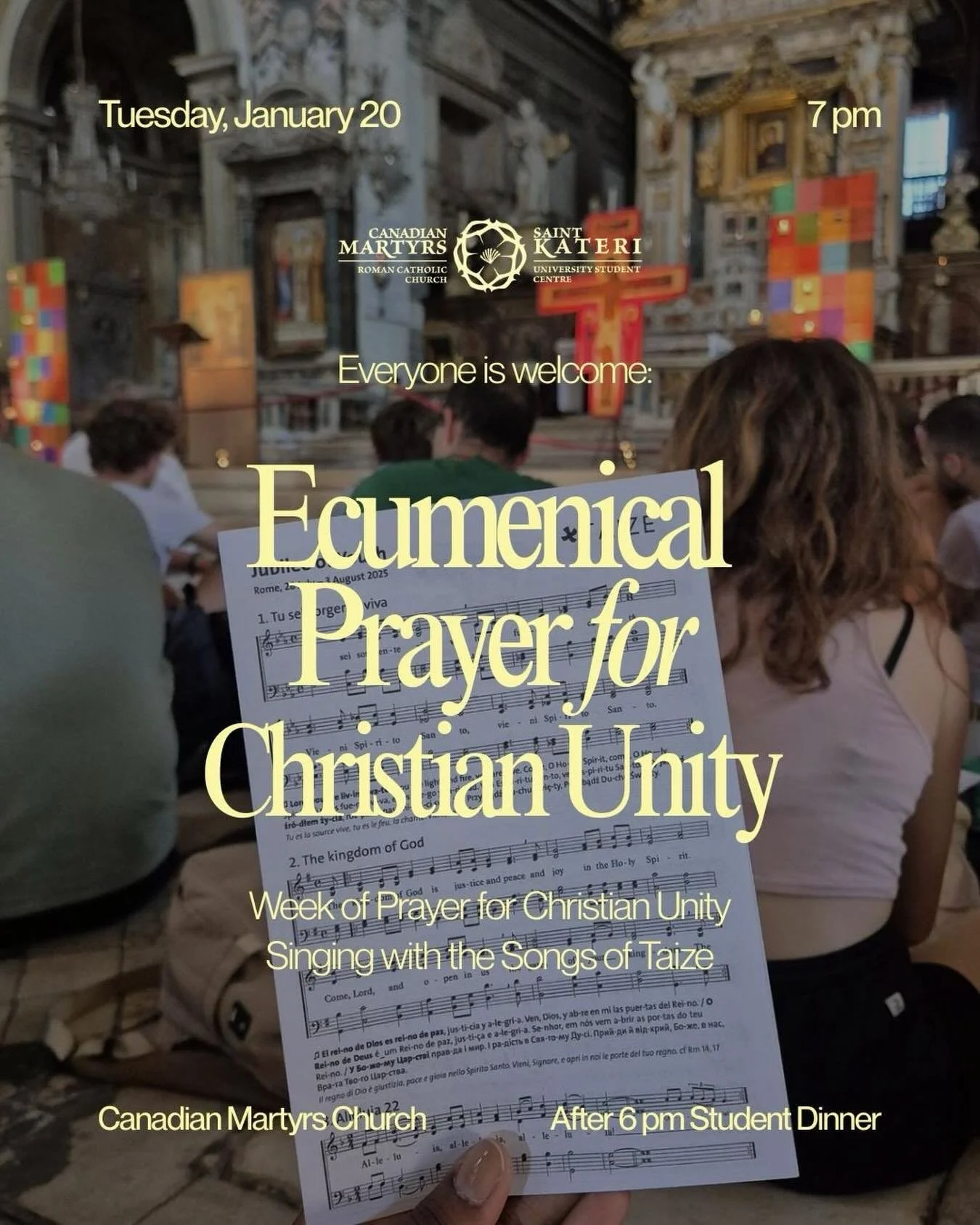 Please join us during the Week of Prayer for Christian Unity, a time of singing with the songs of Taize. Everyone is welcome.